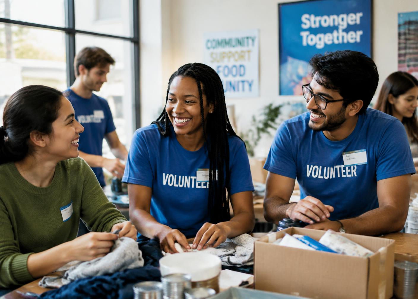 Young adults volunteering together and laughing