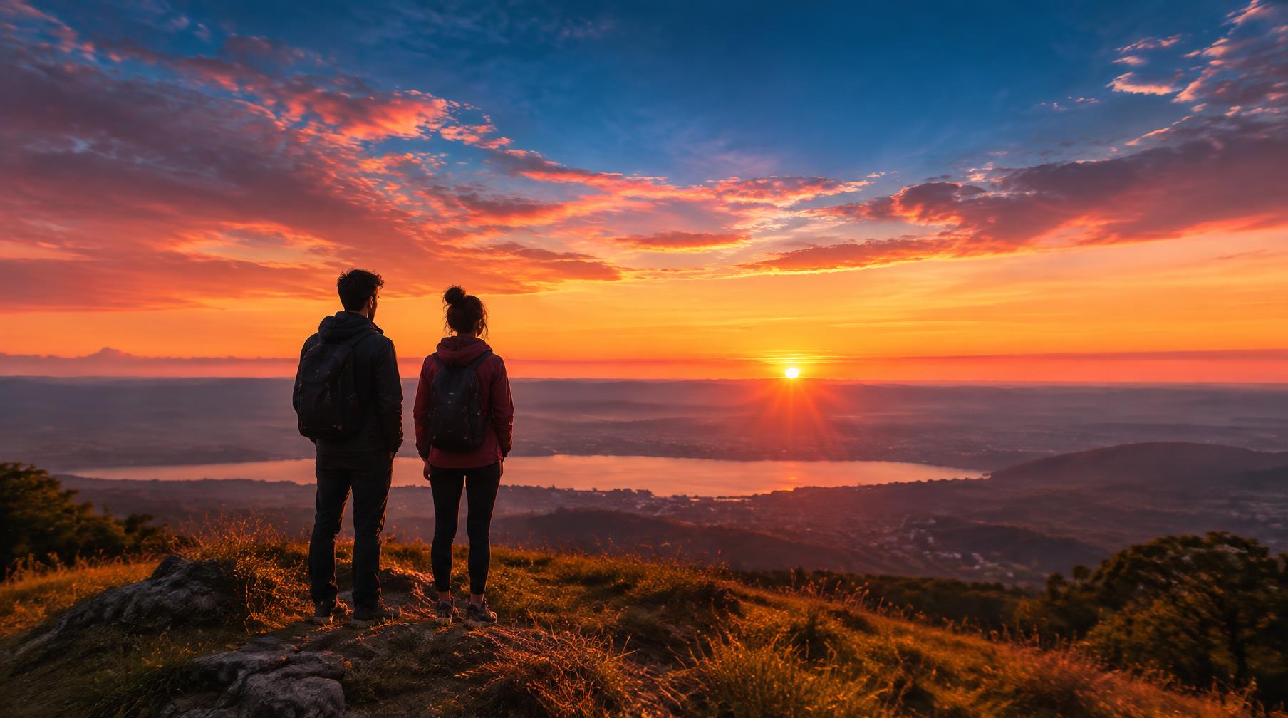 Two young adults looking out over a horizon at sunrise