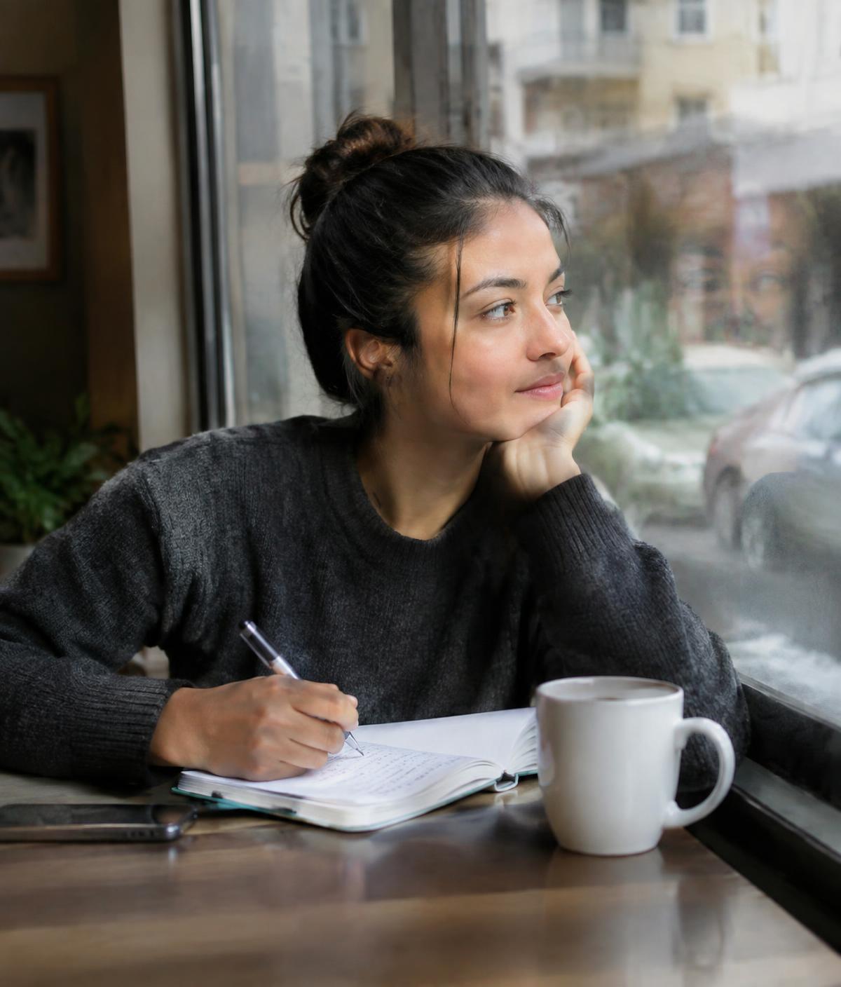 Young woman reflecting and writing in a notebook